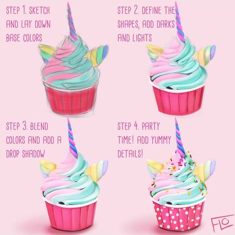 Art With Flo, Drawing Food, Cupcake Drawing, Colorful Cupcakes, Web Comic, Procreate Art, Unicorn Cupcakes, Coloring Tutorial, Food Drawing