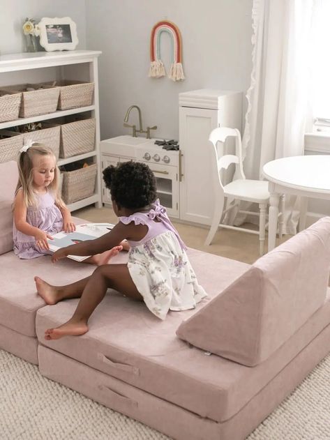 5 Nontoxic Play Couches That Are Better Than The Nugget - The Good Trade Nugget Couch Styling, Pink Nugget Couch, Play Room Seating, Toddler Couch Sofas, Figgy Play Couch, Playroom Ideas With Nugget Couch, Nugget Play Couch, Playroom Sofa Ideas, Roo And You Play Couch