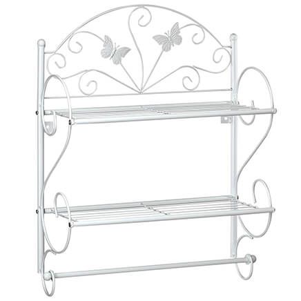 Add spring-fresh style and happiness to your décor with this charming butterfly shelf. Durable metal scroll design features a pair of butterflies fluttering above 2 sturdy shelves — a perfect complement to any decorating style. It attaches securely to any wall to store bath linens, kitchen spices, sunroom plants, entryway mail and more! Easy assembly; requires screwdriver (not included). 20" x 15 1/2" x 6 1/2" butterfly wall shelf weighs less than 3 lbs. Plants Entryway, Sunroom Plants, Butterfly Shelf, Butterfly Bathroom, Accessories Butterfly, Office Health, Cute Furniture, Kitchen Spices, Decorating Style