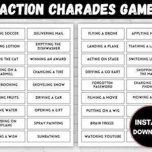 This Action Charades Game is perfect for Birthday Parties, Slumber Parties, Date Nights, Family Reunions, Family Game Nights, and Sleepovers. This game can be played as Pictionary too! Reverse Charades Word List, Pictionary Ideas For Adults, Words For Charades, Funny Charades Ideas, Charade Ideas Funny, Charades For Adults, Charades Word List, Reverse Charades, Charades Ideas