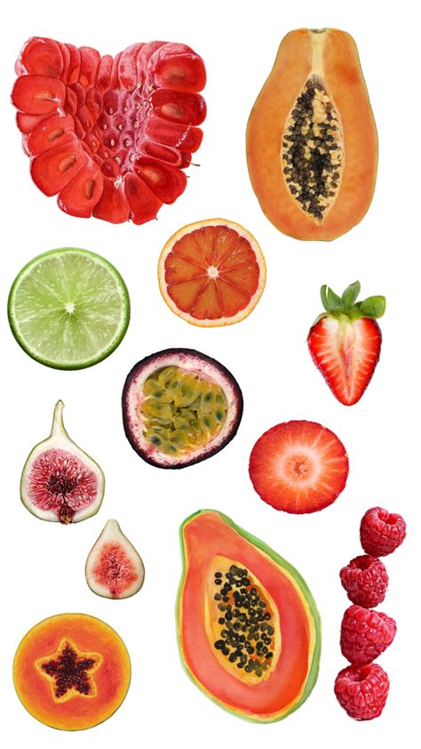 Tropical Fruit Aesthetic, Fruit To Draw, Fruit Aesthetic Art, Fruits Reference, Fruit Drawings, Fruits Stickers, Fruits Painting, Fruit Collage, Fruity Design