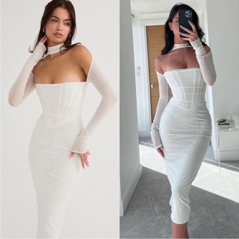 This Sold Out Midi Dress Defines Class And Elegance. It’s Cut From The Softest Stretch Powermesh In Delicate White For An Ultra Cinched Fit That Skims Every Curve In A Figure Flattering Silhouette. It Features An Incredible Corsetry Boning To Cinch The Waist And The Elegant High Neck And Sexy Low Baring Neckline Highlight The Dcolletage Beautifully And Creates An Open Front With Wrap Around Sleeves. The Back Turns To Reveal A Generous Keyhole Cutout With A Button And Zip Fastening For Easy On An Wedding Dresses For Courthouse Wedding, Long Sleeve Courthouse Wedding Dress, Casual Courthouse Wedding Outfit, Simple Wedding Dress Courthouse, Corset White Dress, Courthouse Wedding Outfit, Civil Wedding Dresses Courts, White Bridal Shower Dress, White Corset Dress