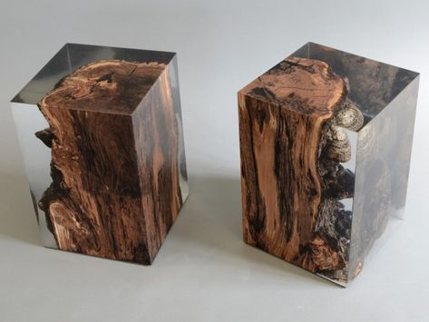 Embedded in #resin this stunning apple #wood block shows all the fungi's color changes in this Fungi Stool, by #alcarol. #designfurniture Tree Stump Table, Stump Table, Tree Table, Cool Tables, Resin Furniture, Epoxy Resin Wood, Wood Tree, Resin Table, Wood Resin