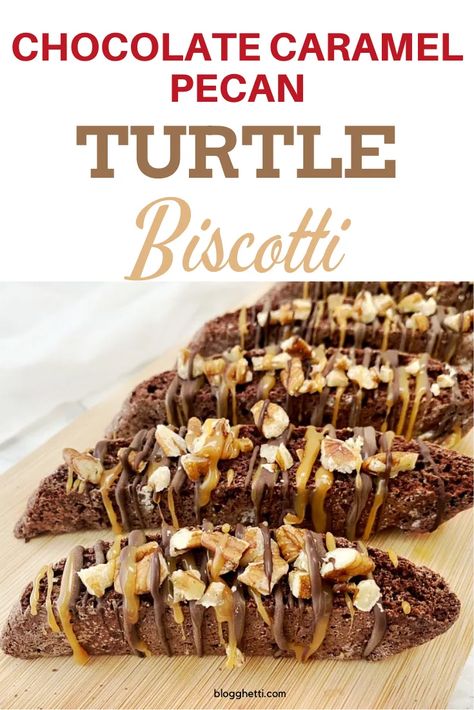 Coffee Shop Pastry Ideas, Turtle Biscotti, Turtle Scones, Caramel Biscotti, Best Biscotti Recipe, Biscotti Recipes, Chocolate Turtle, Chocolate Biscotti, Turtle Cookies