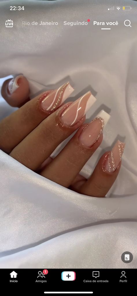 Simple But Extra Nails, White And Gold Nail Designs Simple, Stylish French Tip Nails, Acyrilics Nails Designs Simple, Coffin Shape Nails Designs Classy, French Tip Natural Nails With Design, White And Silver Nails Square, Oval Birthday Nails, Birthday Nails Inspiration Simple