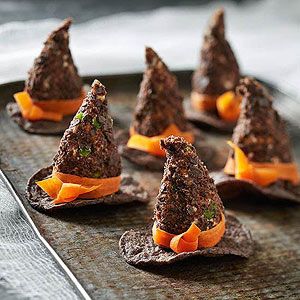 Wicked Witch Hats Witch Hat Appetizer, Savory Spooky Snacks, Halloween Chips And Salsa, Halloween Apatizers, Halloween Shaped Tortilla Chips, Halloween Pumpkin Guacamole Dip, Blue Corn Chips, Halloween Finger Foods, Halloween Party Appetizers