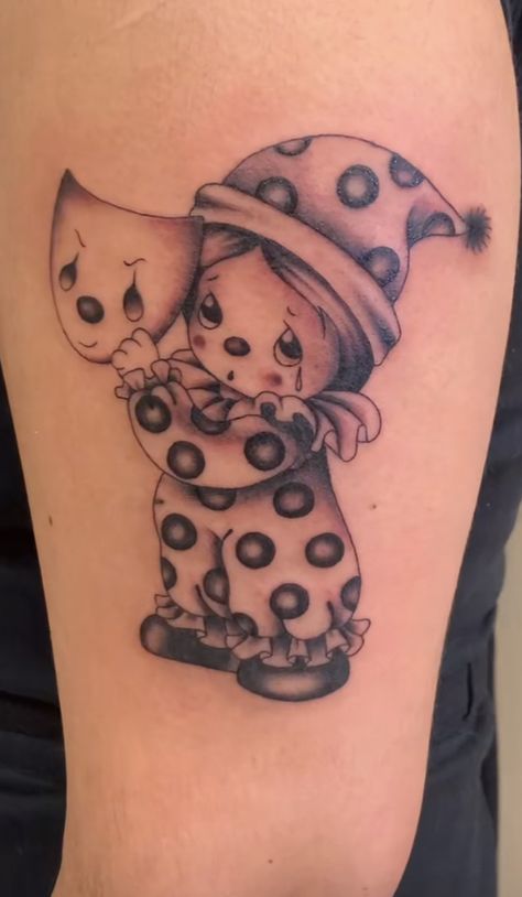 Clown Doll Tattoo, Weird Cute Tattoos, Baby Clown Tattoo, Rushton Tattoo, Cholo Clown Tattoo, Baby Doll Tattoo, Clown Tattoo Cute, Chicano Clown Tattoo, Vintage Clown Tattoo