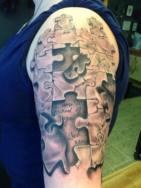 My family keeps me together Puzzle Piece Tattoo Sleeve, Puzzle Piece Tattoo Family, Rose Puzzle Piece Tattoo, Two Puzzle Pieces Tattoo, Watercolor Puzzle Piece Tattoo, Puzzle Piece Tattoo, Puzzle Tattoos, R Tattoo, Leg Sleeve Tattoo