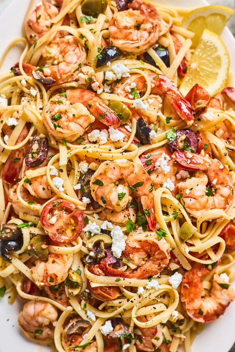 Greek Shrimp Scampi Pasta | Olive & Mango Healthy Seafood Pasta Recipes, Mediterranean Diet Shrimp Pasta, Greek Pasta Salad With Shrimp, Shrimp Bruschetta Pasta, Greek Shrimp With Orzo And Feta, Mediterranean Shrimp Pasta Recipes, Greek Seafood Recipes, Greek Shrimp Recipes, Greek Shrimp Pasta