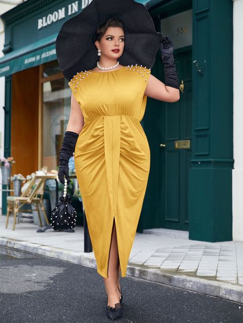 Mustard Yellow Glamorous  Sleeveless Polyester Plain Fitted  Non-Stretch All Plus Size Dresses Plus Size Guest Wedding Outfits, Luxury Mustard Color Women's Dresses, Yellow Dress Plus Size, Luxury Mustard Dress For Women, Chic Mustard Party Dress, Plus Size Yellow Dress, Yellow Plus Size Outfits, Yellow Dresses Plus Size, Chartreuse Dress