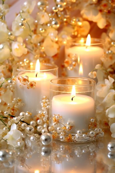 Elegant white wedding candles adorned with pearls and delicate flowers, exuding timeless charm Christmas Candle Aesthetic, Elegant White Wedding, Digital Photography Backgrounds, Pearl Candle, Candle Arrangements, Zen Moments, Creative Wedding Gifts, Crayon Drawings, Candle Glow