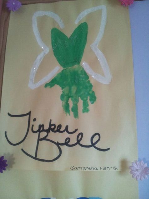 Tinker Bell hand print art Fairy Tales Infant Crafts, Trolls Handprint Craft, Disney Crafts For Infants, Fairy Tale Handprint Crafts, Disney Infant Art, Tinkerbell Craft, Disney Art For Infants, Disney Handprint Art, Disney Character Handprint Art