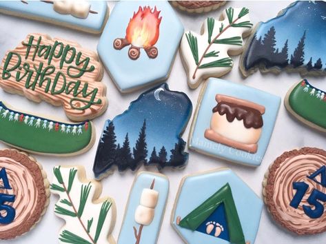 Camper Cookies, First Birthday Camping Theme, Hunting Birthday Cakes, Camping Cookies, Fishing Themed Birthday Party, Cookie Corner, Fish Cookies, Lake Party, Hunting Birthday