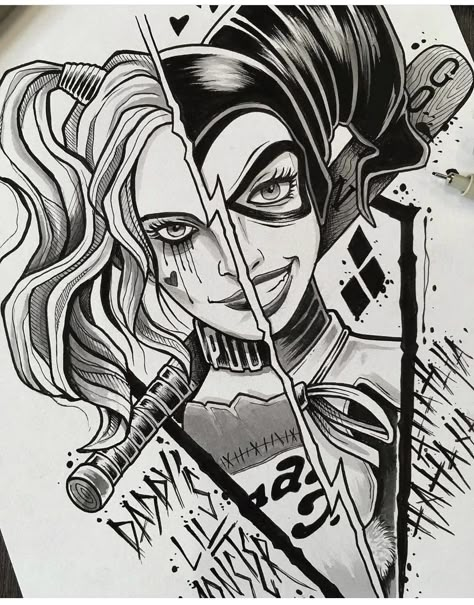 Harley Quinn Tattoo Ideas, Harley Quinn Tattoo Design, Scary Coloring Pages, Harley Quinn Tattoo, Harley Tattoos, Hipster Drawings, African Tattoo, Harley Quinn Drawing, Harley Quinn Artwork