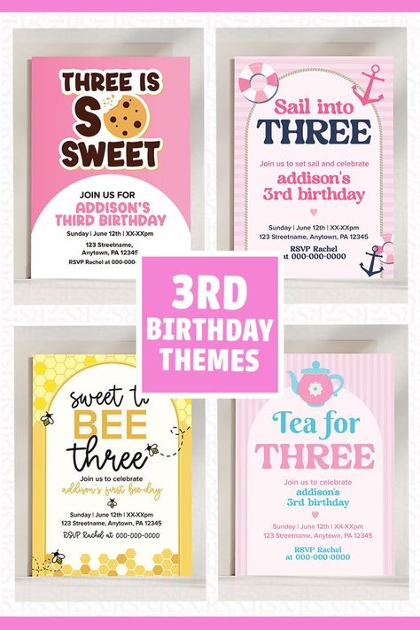 ideas for cute third birthday party invite themes for little girl's birthday | Three is So Sweet Cookie | Sail Into Three | Sweet To Bee Three bee Theme | Tea for Three Party Invite Ideas, Tea For Three, Third Birthday Girl, Diy Kids Party, Two Groovy, Girls 3rd Birthday, Second Birthday Party, Cookies Theme, Bee Day