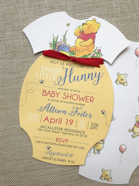 Winnie the Pooh Baby Shower Invite Classic Winnie the Pooh | Etsy Winnie The Pooh Onesie, Pooh Onesie, Moldes Para Baby Shower, Pooh Party, Surprise Baby Shower, Winnie The Pooh Themes, Winnie The Pooh Baby Shower, Baby Shower Invitations Design, Disney Baby Shower