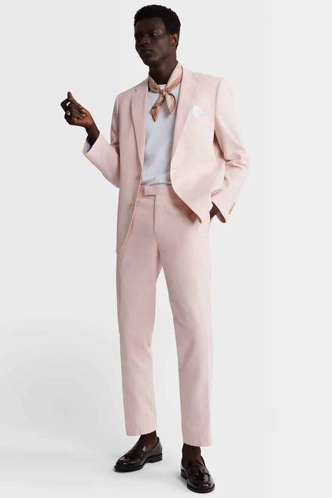 Suit With Silk Shirt Men, Men’s Pink Suit, Pink Formal Outfit Men, Men Pink Suit, Burgundy Loafers Outfit, Pink Loafers Outfit, Balanced Outfits, Riviera Outfit, Summer Wedding Men