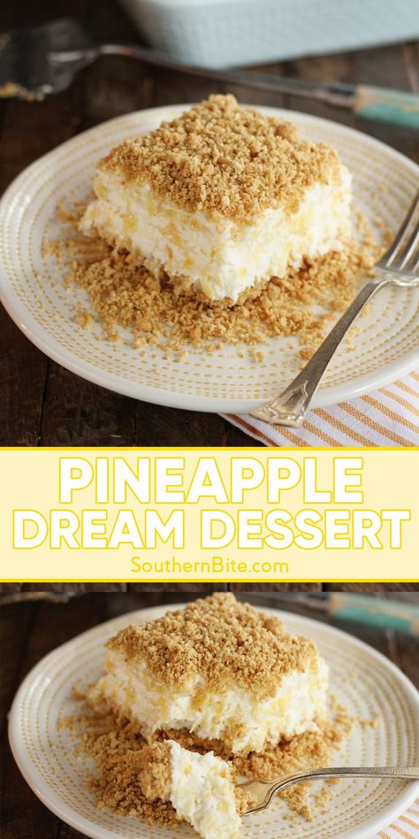 This Pineapple Dream recipe creates a light, fluffy dessert of crushed pineapple, cream cheese, and whipped topping between layers of graham cracker crust. Recipes With Crushed Pineapple, Pineapple Dessert Easy, Cream Cheese Recipes Dessert, Pineapple Cream Cheese, Pineapple Dream, Pineapple Dream Dessert, Whipped Cream Desserts, Zucchini Recipes Dessert, Dream Dessert