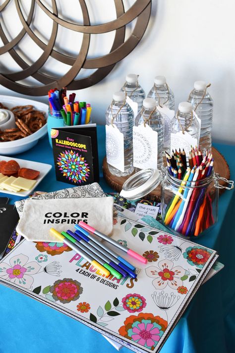 Adult Coloring Book Party Ideas- Do you want to host a fun girl's night in? Check out this adult coloring book party post for some party tips & inspiration. Coloring Party Ideas For Adults, Birthday Party Coloring Station, Adult Art Party, Kids Coloring Table Party, Adult Art Party Favors, Diy Coloring Book Party Favors, Book Party Ideas, Coloring Party, Book Swap