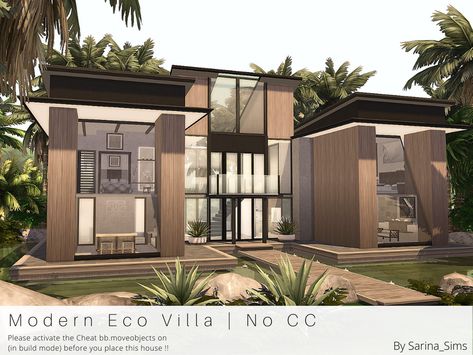 Sarina_Sims' Modern Eco Villa - No CC Sims Exterior, Sims4 Houses, Sims Lots, Sims 4 Modern House, Sims 4 No Cc, Living Room Sims 4, Sims4 House, Lotes The Sims 4, The Sims 4 Lots