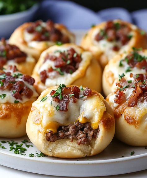 Garlic Parmesan Bacon Cheeseburger Bombs Recipe - Crispy Garlic, Pumpkin Soup Recipe, Beef Bacon, Bacon And Cheese, Bombe Recipe, Crescent Roll Dough, Bacon Cheeseburger, Crumbled Bacon, Garlic Parmesan