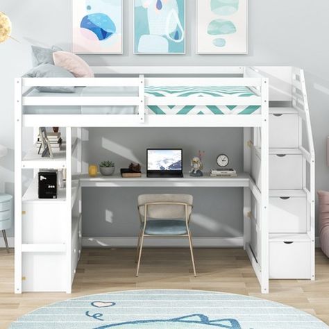 White Loft Bed With Desk, Bunch Bed With Desk, Loft Desk Bed, Desk Under Bed Ideas, Low Loft Beds For Teens, Full Size Loft Bed With Desk, Teenager Loft Bed, Loft Bed Building Plans, Queen Loft Bed For Adults