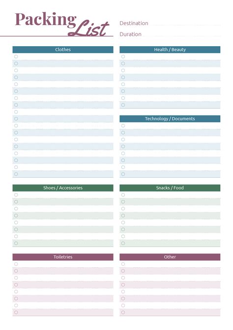 It doesn't matter either you are planning a visit to your parents or a 14-day trip anyway packing list will help you pack your bags more efficiently and not forget important things. Sections available in this template: Destination, Duration, Clothes, Shoes/Accessories, Toiletries, Health/Beauty, Technology/Documents, Snacks/Food, Other  #roadtripplanner #travelitineraryplanner #besttripplanner #plannerlove #printable Editable Packing List Template Free, Packing List Template Free Printable, Blank Packing List, Templates For Notes, Aesthetic Packing List, Packing Template, Travel Checklist Printable, Dorm Planning, Aesthetic Packing