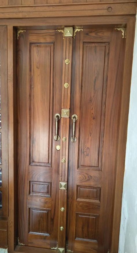 Dubble Doors Design Wooden, Front Safety Door Design, South Indian Main Door Design, Front Double Door Design, Double Door Design Wood, Safety Door Design, Front Double Door, Craftsman Front Doors, Wooden Double Doors