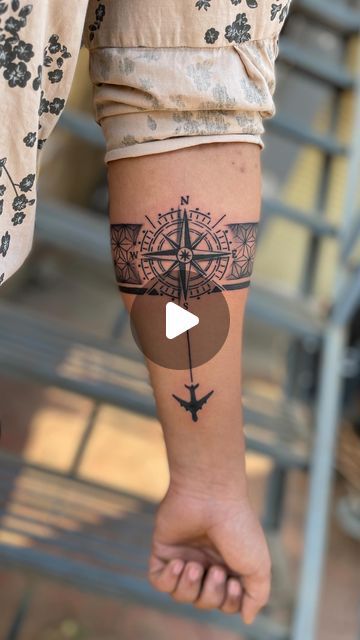 Band Tattoo For Man, Mens Tattoos Ideas Forearm Unique, Compass Band Tattoo, Compass Arm Band Tattoo, Tatoos Men Ideas Hand, For Arm Tattoo For Men, Kayak Tattoos, Compus Tattoos Designs, Arm Band Tattoo Designs For Men