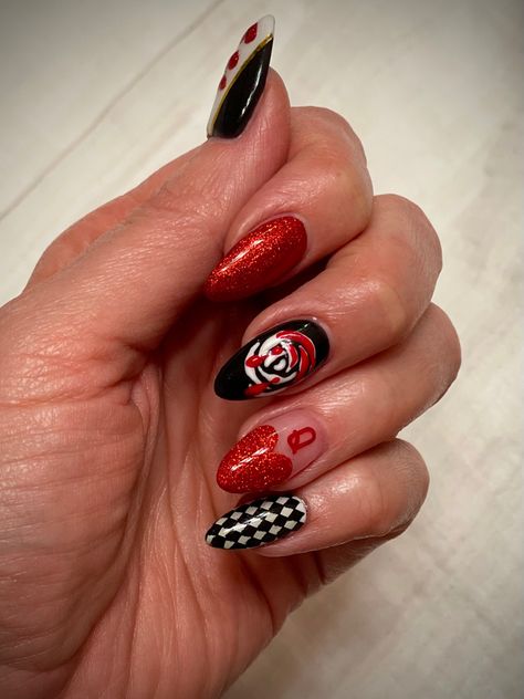 Caraval Inspired Nails, Alice In Wonderland Nails Designs Simple, Tea Cup Nail Art, Simple Alice In Wonderland Nails, Queen Of Hearts Inspired Nails, Alice In Wonderland Inspired Nails, Alice In Wonderland Themed Nails, Queen Of Hearts Shoes, Queen Of Heart Nails Designs