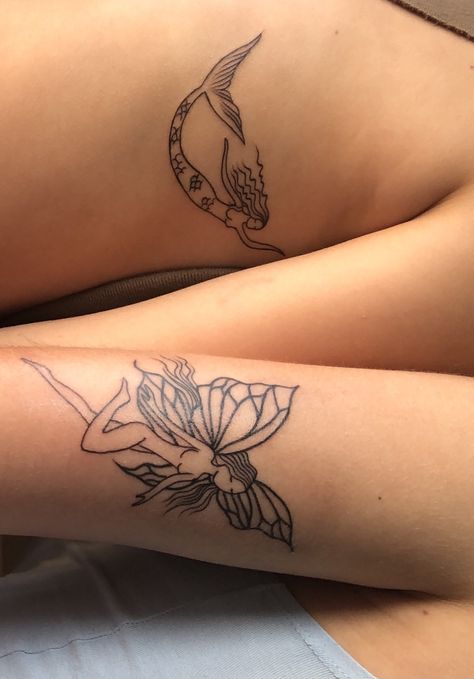 Fairy And Mermaid Matching Tattoo, Matching Mermaid Tattoos, Mermaid And Fairy Tattoo, Fairy And Mermaid Tattoo, Fairy Tats, Fairy Wing Tattoos, Matching Tats, Conjoined Twins, Mermaid Fairy