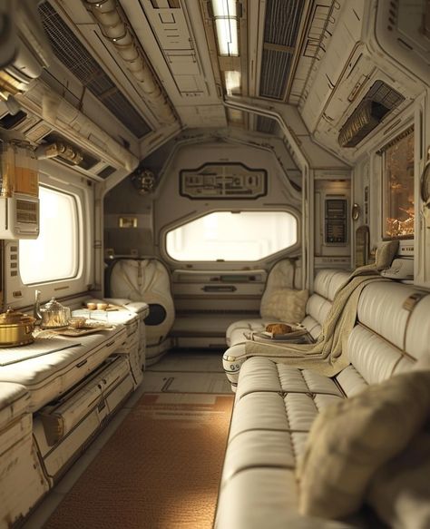 Spaceship Room Concept Art, Sci Fi Home Interior, Futuristic Train Interior, Spaceship Interior Design, Space Ships Interior, Sci Fi Spaceship Interior, Sci Fi Interior, Spaceship Room, Spaceship Aesthetic