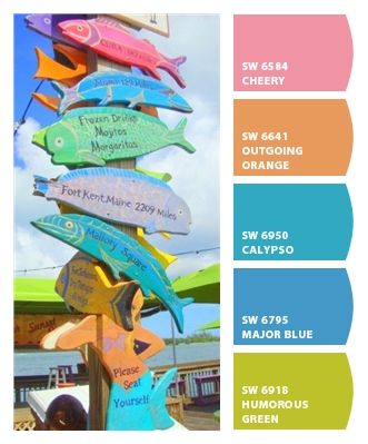 Key West Colorful Fish Margaritaville Color Palette, Caribbean Colors Tropical, Key West Decor Beach Cottages, Key West Bathroom, Key West Bedroom Ideas, Key West Patio Ideas, Bright Beach House Exterior, Key West Coastal Decor, Key West Cottage Exterior