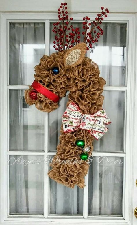 Angie's Wreaths & Decor Candy Cane Reindeer Wreath, Holiday Deco Mesh Wreaths, Mesh Bows For Wreath, Reindeer Wreath Burlap, Reindeer Wreaths Diy, Reindeer Christmas Wreath, Candy Cane Shaped Wreath, Reindeer Wreath Diy, Candy Cane Wreath Form Ideas