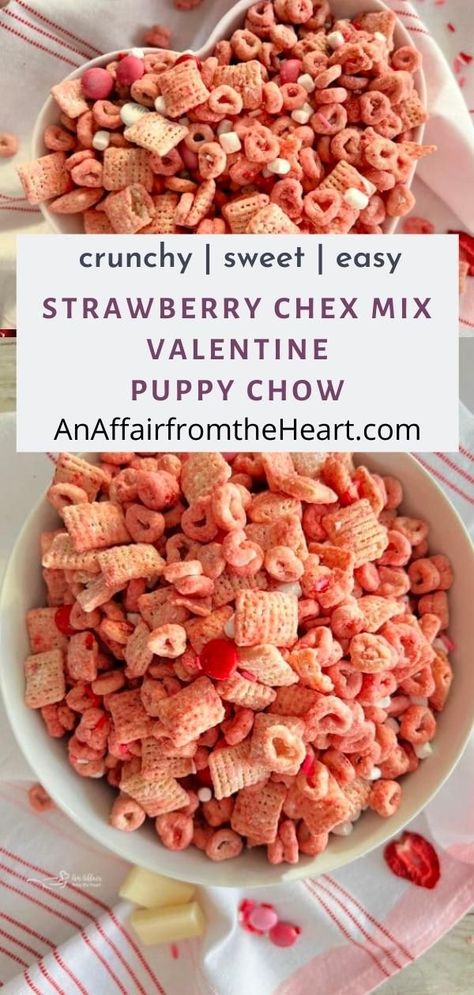 Valentine Chex Mix Recipes Puppy Chow, Strawberry Cheesecake Puppy Chow, Strawberry Cheerios Snack, Strawberry Yogurt Chex Mix Recipes, Pink Trail Mix Recipes, Strawberry Chex Mix Puppy Chow, Strawberry Trail Mix Recipes, Pink Chex Mix Recipes, Valentine Mix Snack