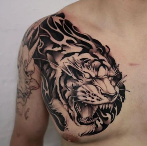 Japanese Tiger Chest Tattoo, Time Clock Tattoo, Clock Tattoo Sleeve, Japanese Tiger Tattoo, Chest Tattoo Ideas, Tattoo Tiger, Japanese Tiger, Chest Hair, Chest Tattoos