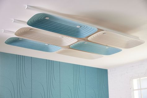 Juni’s long rectangular shape makes its mark in the Fuji range. Its art deco curve and embossed linework combine to create this 3D acoustic ceiling tile. Tiles are made from 100% PET (64% recycled). Click on the link to read more about it. #AcousticPanels #CeilingAcoustics #interiorarchitecture #workplacedesign Curve Ceiling Design, Wavy Ceiling, Healing Architecture, Woven Image, Acoustic Ceiling Tiles, Modern Restaurant Design, Acoustic Ceiling, Multipurpose Hall, Conceptual Architecture