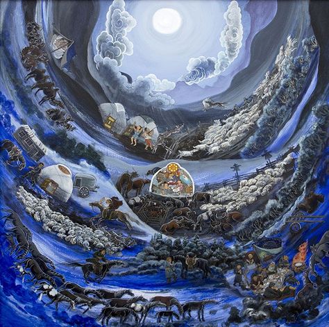 "Full moon" by Badam. Mongolian artist Mongolian Art Painting, Mongolian Traditional Art, Mongolian Art Drawing, Mongolian Drawing, Mongolian Aesthetic, Mongolian Painting, Mongolia Art, Mongol Art, Mongolian Ger