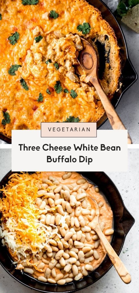 Delicious vegetarian white bean buffalo dip baked to perfection with fiber and protein-packed white beans, three types of cheeses and your favorite buffalo sauce for the ultimate party or game day appetizer! There's no chicken in this easy vegetarian buffalo dip -- serve with tortilla chips, celery, carrots or anything else your heart desires. #buffalodip #dip #vegetarian #healthyappetizer #gameday Vegetarian Buffalo Dip, Dip Vegetarian, Vegetarian Buffalo, Vegetarian Dip, Buffalo Dip, Bean Snacks, Ambitious Kitchen, Three Cheese, Buffalo Sauce