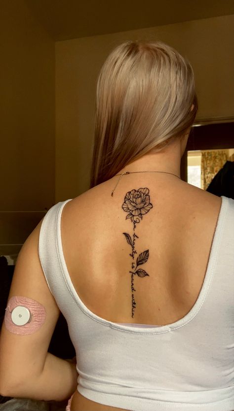 Beauty Is Found Within Tattoo, Within Tattoo, Rose Stem Tattoo, Name Flower Tattoo, Rose Vine Tattoos, Rose Tattoo With Name, Rose Tattoo On Back, Red Flower Tattoos, Tattoos For Dad Memorial