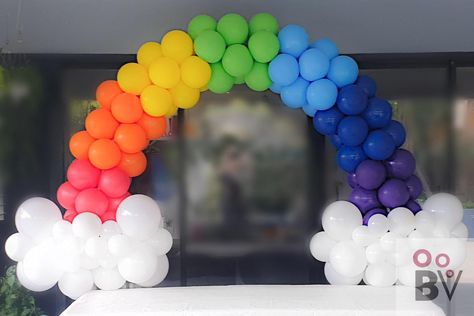 Backdrop arch in red, orange, yellow, lime green, pale blue, dark blue and purple violet with white cloud shaped bases table height for first birthday Purple Party Decorations, Backdrop Arch, Purple Party, Yellow Lime, Cloud Shapes, White Cloud, Red Orange Yellow, Purple Violet, Red Green Yellow