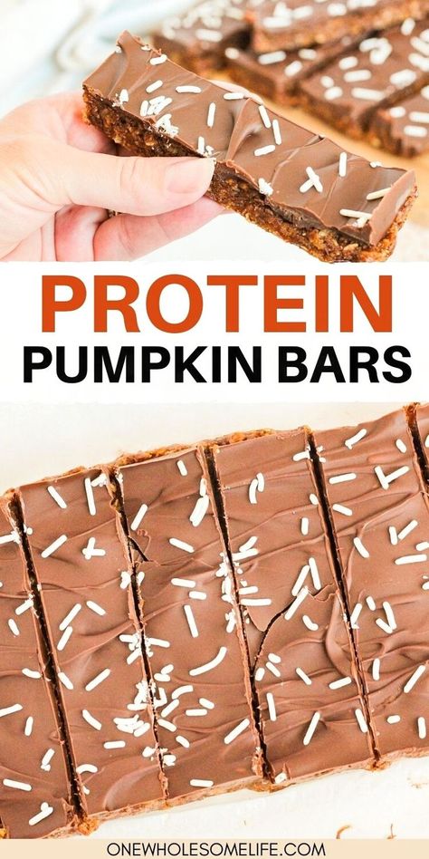 Protein pumpkin bars with chocolate topping and white sprinkles. Pumpkin Protein Bars, Healthy Pumpkin Bars, No Bake Protein Bars, Oatmeal Bars Healthy, Baked Pumpkin Oatmeal, Wholesome Life, Pumpkin Protein, Protein Baking, Protein Bars Homemade