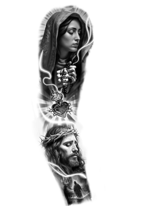 Virgin Mary Sleeve Tattoos Men, Jesus Sleeve Tattoos For Women, Mother Mary Tattoos, Jesus Tattoo Design, Prince Tattoos, Sagittarius Tattoo, Mary Tattoo, Virgo Tattoo, Religious Tattoo