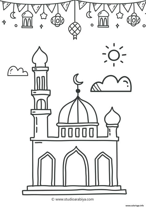 Coloriage ramadan mosque à imprimer Ramadan Drawing For Kids, Eid Drawing, Ramadan Drawing, Islam Drawing, Mosque Drawing, Muslim Kids Crafts, Ramadan Mosque, Poster Ramadhan, Birthday Board Classroom