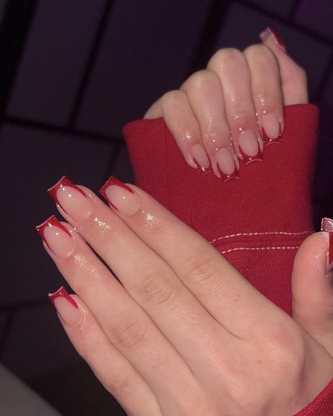 Red Nail Inspo Acrylic Square, Dark Red French Tip Nails Square, Red Square Nails Design, Short Red French Tip Nails, Red French Tip Nails Square, Red French Tip Acrylic Nails, Short Tapered Square Nails, Feet Nail Design, Tapered Square Nails