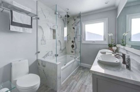 Explore 10 innovative tub shower combo ideas to revolutionize your space. Find inspiration for your next renovation on the blog! Showers With Tubs In Them, Separate Shower And Tub Bathroom Layout, Tub Enclosure Ideas Bathtubs, Modern Farmhouse Bathtub Shower Combo, Large Shower With Tub Inside, Drop In Tub Shower Combo, Bathroom With Tub And Shower Layout, Tub Shower Combo Remodel Small Baths, Toilet Next To Bathtub