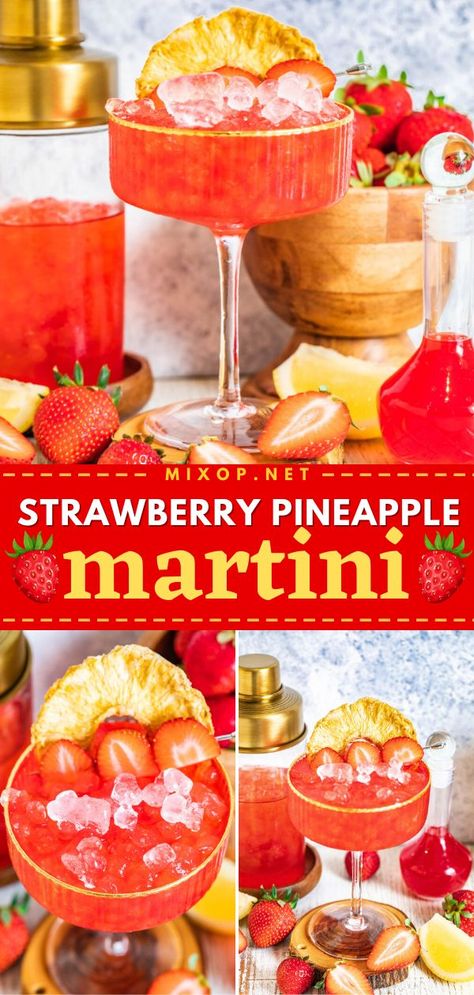 Everyone will love this Strawberry Pineapple Martini! This alcoholic drink recipe is easy to prepare. With its beautiful color and refreshing tropical flavor, this gin martini cocktail will be the highlight of your party! Save this fun cocktail recipe! Strawberry Pineapple Cocktail, Martini Recipes Fruity, Pretty Martini Drinks, Peach Lemon Drop Martini, Minnie Mouse Cocktail, Easy Fruity Alcohol Drinks Simple Cocktail Recipes, Fruity Alcohol Drinks Easy, Fruity Martini Recipes, Easy Cocktail Recipes 3 Ingredients