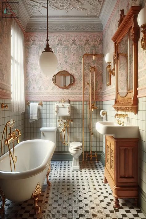 Retro Style Bathroom, Retro Chic Bathroom, Bathroom Retro Vintage, Elegant Vintage Bathroom, House Inspiration Bathroom, Bold Bathroom Design, Clawfoot Tub Bathroom Vintage, Vintage Home Aesthetic, Bathroom Ideas Vintage