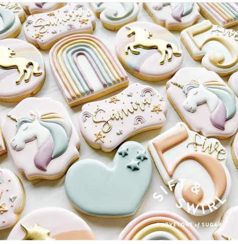 Unicorn Birthday Cookies, Unicorn Cookies Decorated, Rainbow Birthday Cookies Decorated, Unicorn Birthday Cookies Decorated, Unicorn And Rainbow Cookies, Pastel Rainbow Birthday Cookies, Pastel Unicorn Cookies, 5th Birthday Girls, Sweet Sugarbelle Unicorn Cookies