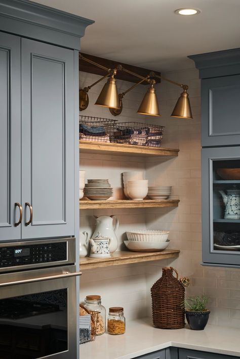 Modern English Cottage - Medallion Cabinetry Modern English Cottage, Historic Kitchen, Cottage Modern, Modern English, Geometric Lighting, White Subway Tiles, English Manor, Food Pantry, Ceiling Beams